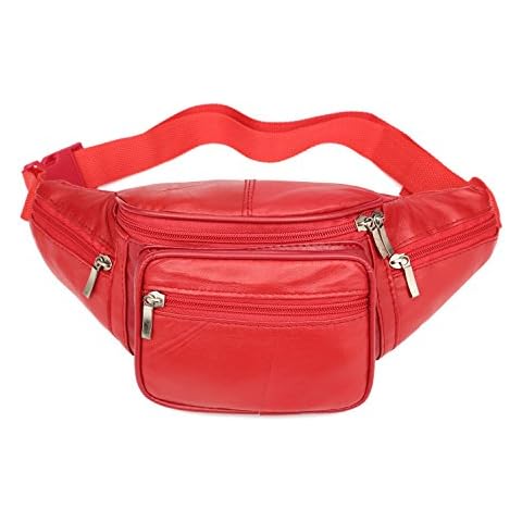 iLeather Collections Genuine Leather Small Size 5 Pockets Fanny Pack Waist Pack -Red Cover