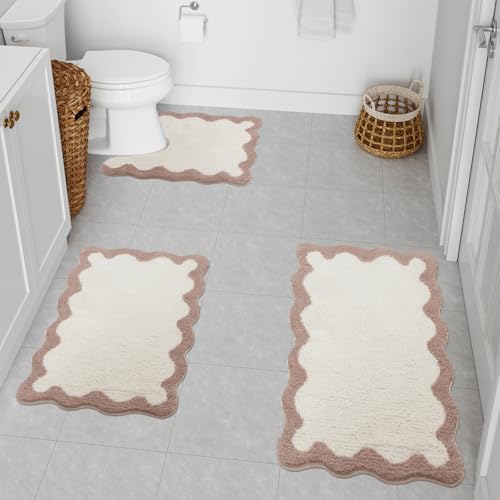 Image of Uphome Scalloped Bathroom Rugs Sets 3 Piece Pink Non-Slip Bath Mat with U-Shaped Contour Quick Dry Absorbent Plush Microfiber Toilet Rug Cute Machine Washable Aesthetic Bath Rug for Sink Tub Shower
