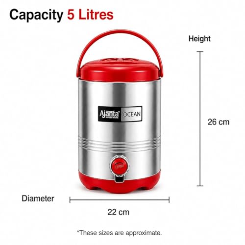 Image of Ajanta Ocean8 Stainless Steel Water Cooler, Water Dispenser Hot & Cold, Thermosteel, PU Insulated, Portable, Travel Friendly, Water Jug for Offices, Shops, Picnics (Red, 5 litres)