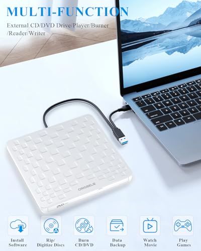 Image of External CD /DVD Drive for Laptop, Ultra Slim 13mm USB 3.0 Type-C Portable DVD Player CD Burner Reader Writer Recorder for Desktop PC Windows 11 /10 /8 /7 Linux Mac OS, White