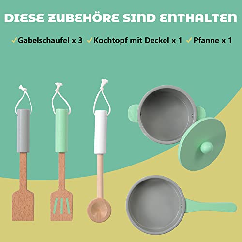 Chefkochküche aus Holz Spielküche mit Herd, Spüle, Wasserhahn, Ofen, Pfanne, Dunstabzug, Kaffeemaschine, Mikrowelle… – Bild 5