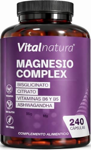 Citrato de Magnesio 1593 mg + Bisglicinato 600 mg con Ashwagandha 1500 mg y Vitaminas B5 y B6 - Fórmula Premium para Energía Natural, Cansancio, Bienestar, Sueño y Músculos - 240 Cápsulas Vitalnatura