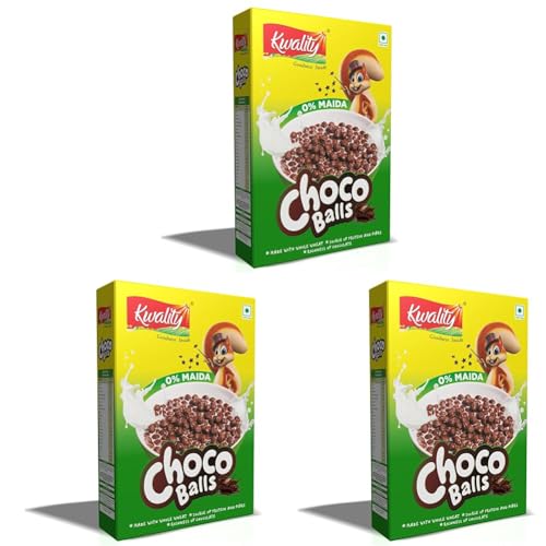 Image of Kwality Choco Balls 375g | No Maida | Made with Whole Wheat | Healthy Food & Breakfast Cereal for Kids | High in Protein & Fiber (Pack of 3)