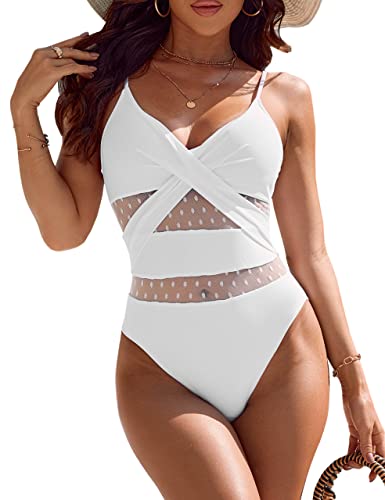 Bmjl Womens V Neck Tummy Control Swimsuit Sexy One Piece Bathing Suit Mesh Swimwear(Xl,White) #TOP17