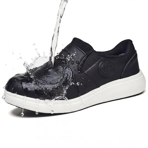 LANSNBO Non-Slip Waterproof Shoes for Women Wide Width, Slip-On Work Walking Sneakers, Arch Support Lightweight, Water & Oil Resistant for Kitchen Chefs Food Service Nurses Cleaners (Black-36)