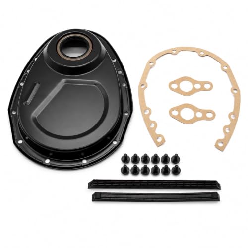 Black SB Chevy Timing Chain Cover Kit for 327 350 383 400 SBC Gasket Seal Bolts Set-Premium Small Block Chevrolet Timing Case Set with Gasket