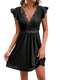 SweatyRocks Damen Kleid V Ausschnitt Damenkleider Elegant Kurze Kleider Ärmelloses Sommerkleid Hochzeit A Linie Spitzenkleid Freizeitkleid Schwarz M