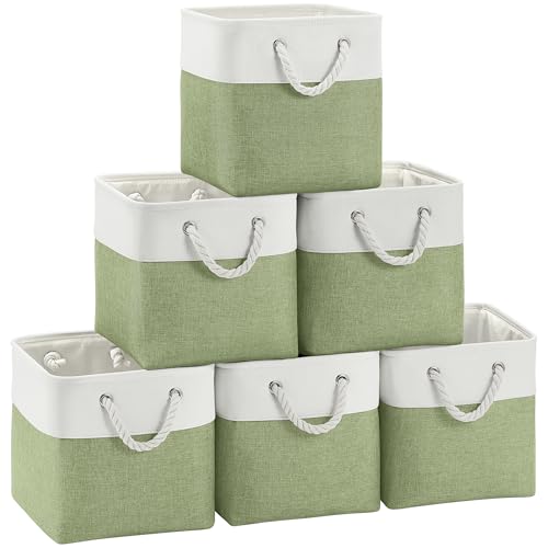FinishingBo Fabric Cubes Storage Basket, 6 Pack 11x11 in with Handles Cube Storage Bins, for Shelves, Home, Office Organizers (White/ Green)