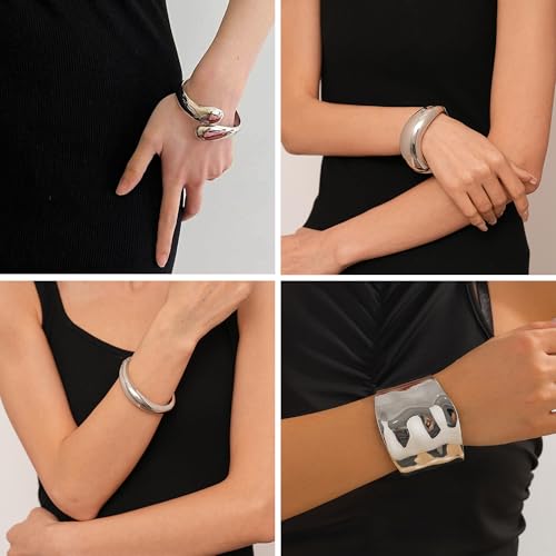 MEDOJO 4 Pcs Women Silvery Cuff Bracelet Hinged Design Bracelet Trendy Chunky Cuff Bangle Thick Silvery Bracelets for women by MEDOJO - Used condition - Image 4
