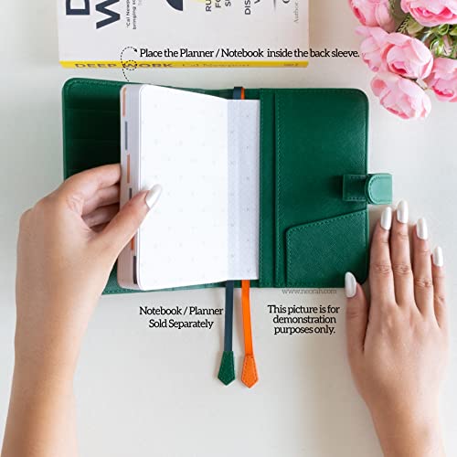 Image of NEORAH - A6 Notebook SLEEVE with SNAP Button - [ SLEEVE ONLY ]|Vegan Leather|Office Diary Holder with Penloop| 2 Front & 1 Back Pocket | 4 Card Slots |2 BookMarks - Fits any A6 Softcover - DARK GREEN