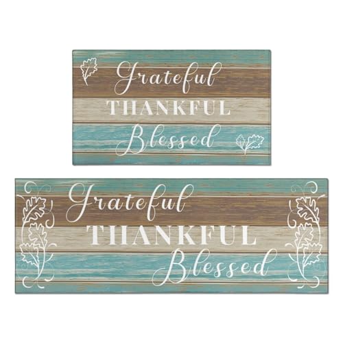 Protikol Grateful Thankful Blessed Kitchen Rugs Set of 2 Teal