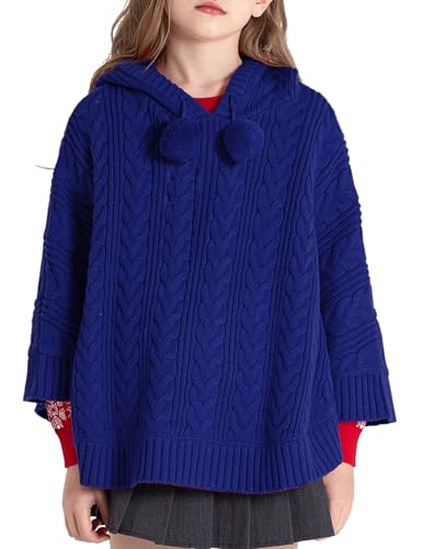 Image of BOBOYOYO Cape for Girls Hooded Cable Knit Poncho Sweaters Kids Shawl