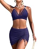 FemiChic Traje de Baño 2 Piezas Mujer Sexy Escote en V Breteles Ajustables Push Up Cintura Alta Bañador de Malla con Ruched Vientre Plano Swimsuit(Azul Marino,L)