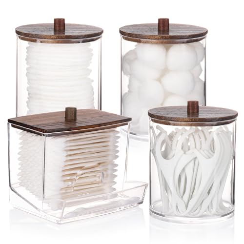 Image of Tbestmax 4 Pack Qtips Dispenser Bathroom Container, 10 /12 oz Big Cotton Ball Holder, Apothecary Jar Organizer for Storage Cotton Swab, Round Pads, Floss Picks (Wood Lids)