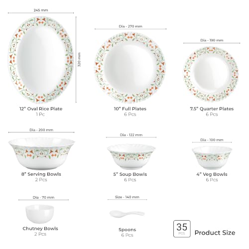Image of Treo by Milton Opalware Aurelia Meena Dinner Set of 35 | Serving for 6 | Microwave & Dishwasher Safe | Bone-Ash Free | Tempered Toughness | Plates, Bowls, Spoons | Crockery Set for Dining & Gifting
