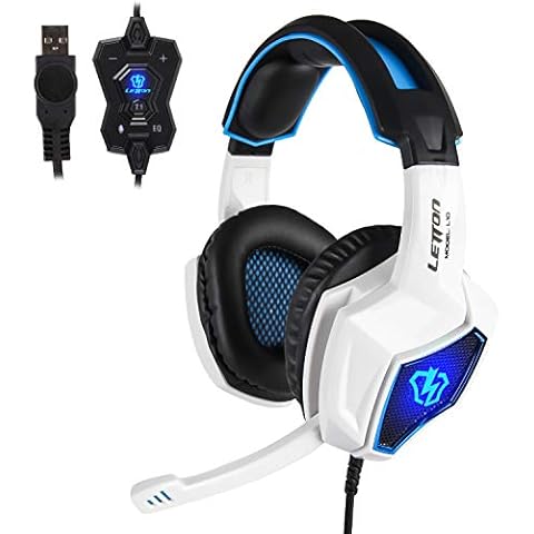 LETTON L10 USB Gaming Headset Stereo Over Ear Wired Headphones Noise Canceling PC Mac Headphones with Microphone and Deep Bass Volume Control (White) Cover