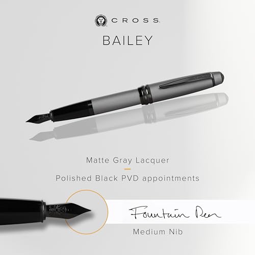 Image of Cross Bailey Matte Gray Refillable Fountain Pen - Medium Point, Black Ink, Smooth Writing, Presented in a Premium Gift Box