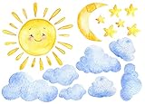 InnovativeStencils Watercolor Sun Moon Stars and Clouds Wall Decal Fabric Nursery Décor Art Print...
