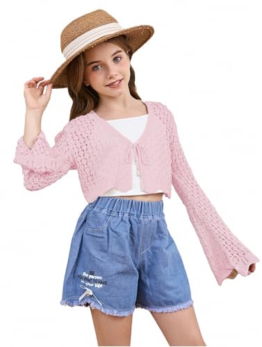Image of Milumia Girl's Tie Front Crochet Knitted Cardigan Sweater Hollow Out Long Sleeve Crop Cover Up Top
