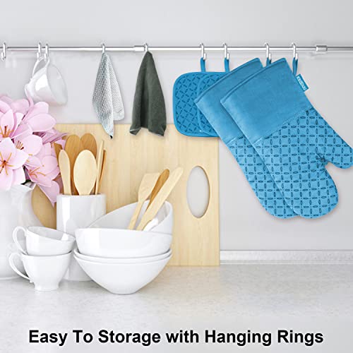 Image of KEGOUU Oven Mitts and Pot Holders 6pcs Set, Kitchen Oven Glove High Heat Resistant 500 Degree Extra Long Oven Mitts and Potholder with Non-Slip Silicone Surface for Cooking (Sky Blue)