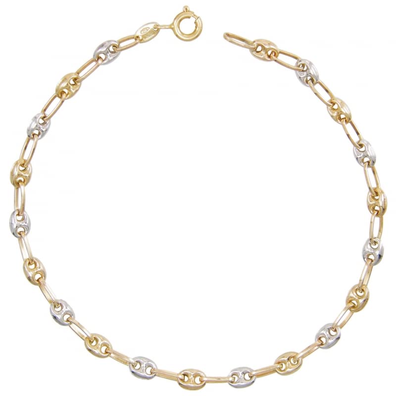 Bracelet 2 Ors - Or Bicolore - Maille Grain de Café Jaune et Blanc - Femme