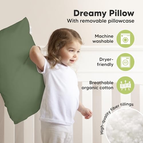 Image of KeaBabies Organic Toddler Pillow with Pillowcase,Jumbo 14X20(Jungle Green) | Soft Cotton Toddler Pillows for Sleeping, Machine Washable, Perfect for Travel, School, Daycare, Nap, Kids Toddler Bed Set