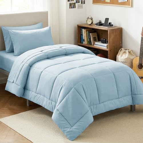CozyLux Twin XL Comforter Set Light Blue 5 Pieces Twin Extra Long Bed in a Bag for College Dorm All Season Bedding Set with Stitch Quilted Comforter Flat Sheet Fitted Sheet Pillowcases