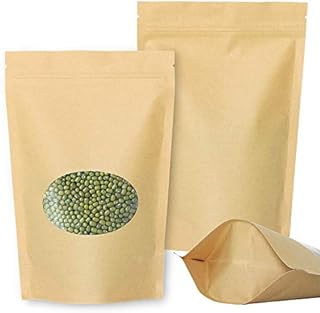 SumDirect 50Pcs15x22cm Kraft Paper Bag Zip Lock,Stand-up Reusable Sealing Bag with Transparent Window and Tear Notch for Storing,Cookie,Dried Foods,Snack (5.9X 8.6 inches)