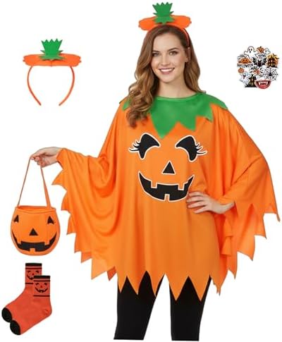 Vermeyen 5PCS Pumpkin Costume Women with Cape Headband Socks Bag ...