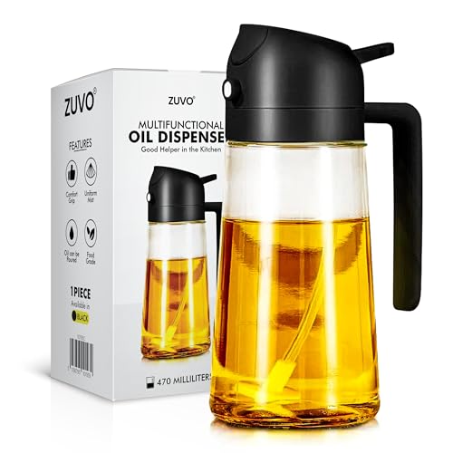 Zuvo - Oil Dispenser and Spray Bottle for Air Fryer, Cooking, Salads and Vinegar, 470 ML - 2 in 1 Refillable Oil Dispenser Bottle, Black