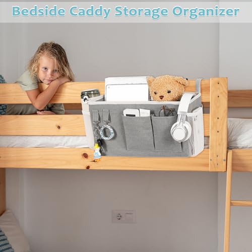 Image of Loghot Bedside Caddy /Bedside Storage Bag Hanging Organizer for Bunk and Hospital Beds,Dorm Rooms Bed Rails,Can be Placed Glasses,Books,Mobile Phones,Keys (Grey)