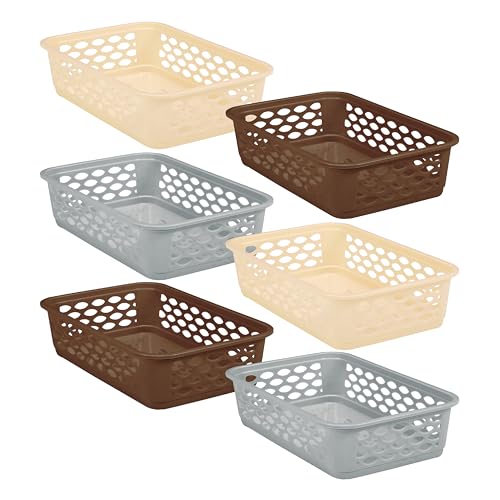 Image of RATAN PLASTICWARE Diana Tray Rectangular-Medium (Pack of 6) Plastic Storage for Desk Basket /Organizers for Stationery, Jewellery, Tools,Kitchen, Office-Lt Brown / Daiso Grey / Twist Beige