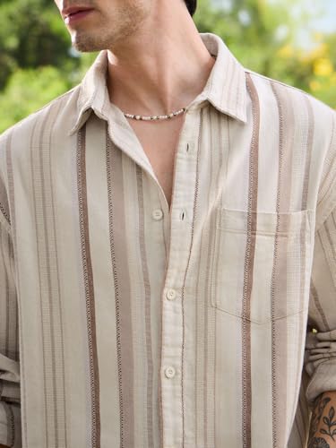 Image of The Souled Store Striped Shirt: Gold Dust Men and Boys Long Sleeve Spread Collar Cream Striped Cotton Relaxed Lightweight Easy to Style Everyday Office Wear Trendy Casual Shirt