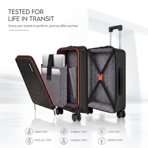 HRX Transit Cabin Size Black Polycarbonate Hard Shell Suitcase with Front Laptop Compartment - Premium Travel Trolley Bag with 8 Spinner Wheels, Number Lock & Water Resistant Body - Image 7