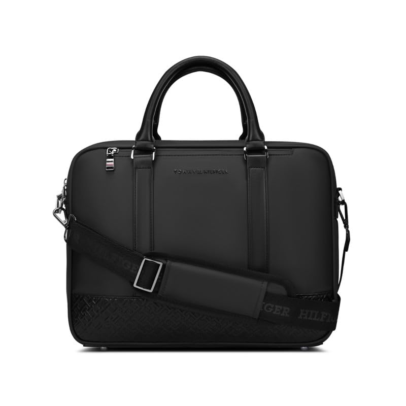 Image of Tommy Hilfiger Unisex Business Case KOVA - Black | EVA-Laminated Briefcase with Leather Handles | Gunmetal Hardware | Messenger Bag with Trolley Holder | Organised Interior with Accessory Holder