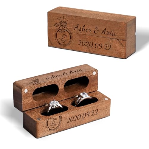 XSTZR Scatola per anelli in legno di noce, con 2 scomparti, incisione personalizzata, porta fedi nuziali, per proposta di fidanzamento, regali di Natale e San Valentino per lui e lei, portagioie in