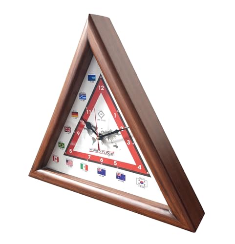 Image of LINE Wood - Antique Wooden Wall Clock - Triangular Shape Multi-Country World Clock with Time Zones Vintage Style for Home, Office, Bedroom, Hall, Living Room, Farmhouse Decor (16 INCH)