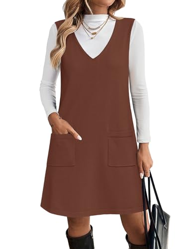 Zeagoo Women's Oversized Sweater Vest Dresses with Pockets V Neck Sleeveless Knitted Pullover Sweaters Womens Fall Winter Clothes Brown XXL