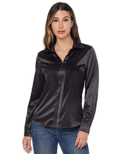 J.Corrine Hemd Damen Langarm V Ausschnitt Hemdbluse Elegant Revers Bluse Einfarbig Loose Tops für Frühling Herbst Schwarz XL Cover