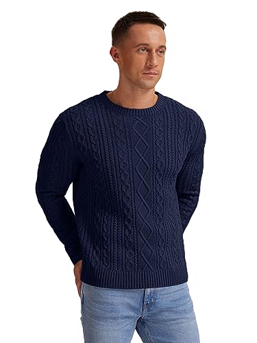 Hisir Men's Winter Cable Knit Jumpers Casual Crew Neck Thick Warm Long Sleeve Sweater Pullover Tops for Men UK (Navy Blue, M)