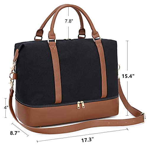 CAMTOP Canvas Weekender Bag, Carry On Travel Tote Overnight Duffel Bag with Shoe Compartment and Trolley Sleeve (B-Black)
