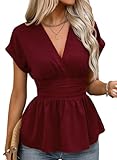 Astylish Women's Spring Ruched Waist Peplum Blouse Solid Dressy V Neck Short Sleeve Smocked Shirt Tops 2026 Burgundy Small