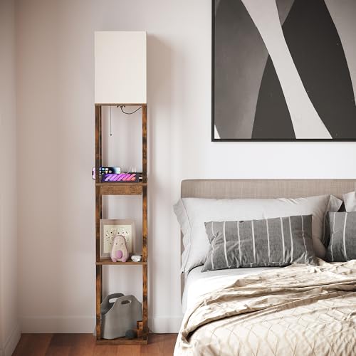 Image of SUNMORY Floor Lamp with Shelves, Modern Dimmable Standing Lamp with Drawer & 2 USB Ports & 2 Power Outlet, Corner Tall Shelf Lamp for Living Room and Bedroom (Rustic Browm)