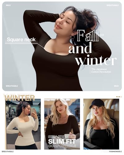 3 Pack Women's Plus Size Tops Square Neck Cotton Long Sleeve Shirts Slim Fit Casual Stretchy Fall Basic Tee2