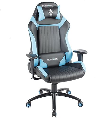 BLUE SWORD Leather Computer Gaming Chair Large Size Office Chair Racing Style High-Back Adjustment Ergonomic Design with Lumbar Support and Headrest Blue, BS003
