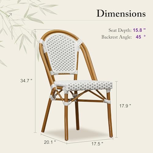 Image of PURPLE LEAF Outdoor Dining Chair Set of 4 Patio French Aluminium Frame in Champagne Finish with White & Gray Woven Rattan for Indoor Kitchen Deck Bistros Cafe Restaurant