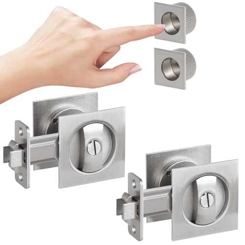 Brushed Nickel Privacy Pocket Door Hardware, 2 3/8" Backset, Zinc Alloy Heavy Duty Square Pocket Door Lock Silver, Solid Pocket Door Handle(2 Pack)