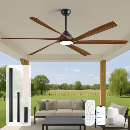 72 Inch Outdoor Ceiling Fan with Light, WiFi Smart Alexa/App/Remote Control, 6 Modern Farmhouse Solid Wood Blades, High CFM Reversible Quiet DC Motor, Damp Rated for Large Patios, Indoor High Ceiling