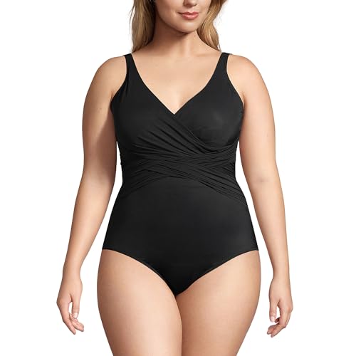 Lands' End Womens Slender Suit Wrap One Piece Swimsuit Black Plus 18w