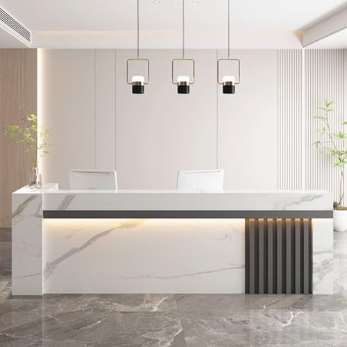 Moderno escritorio de recepción con almacenamiento, elegante mostrador frontal para oficinas, minoristas y salones, elegante acabado blanco y gris, iluminación suave, mesa recepcionista funcional para
